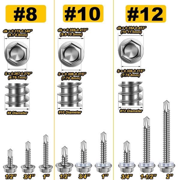Mywish 410 Stainless Steel Self Tapping Screws 385pcs #8 #10 Hex Truss-1