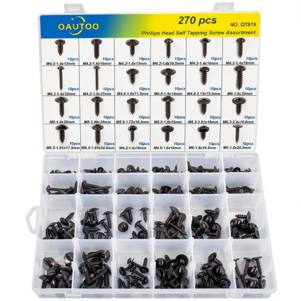 OAUTOO 270pcs Automotive Body Screw Phillips Head Self Tapping Screw Washer Head Screws Assortment Kit #8#10#12#14-1