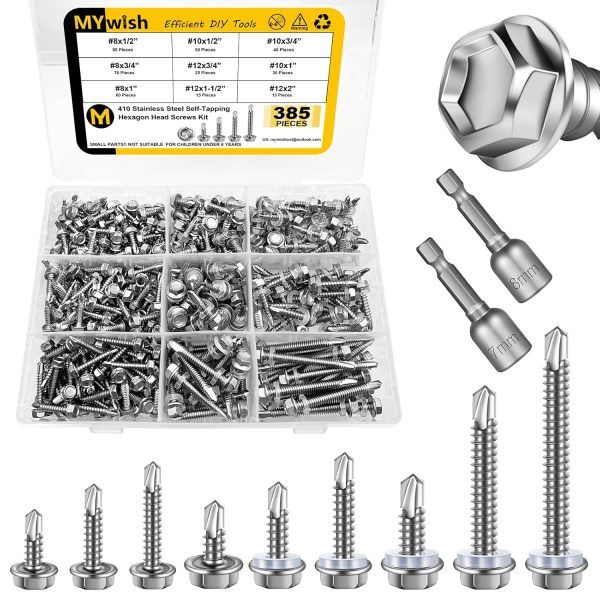 Mywish 410 Stainless Steel Self Tapping Screws 385pcs #8 #10 Hex Truss-2