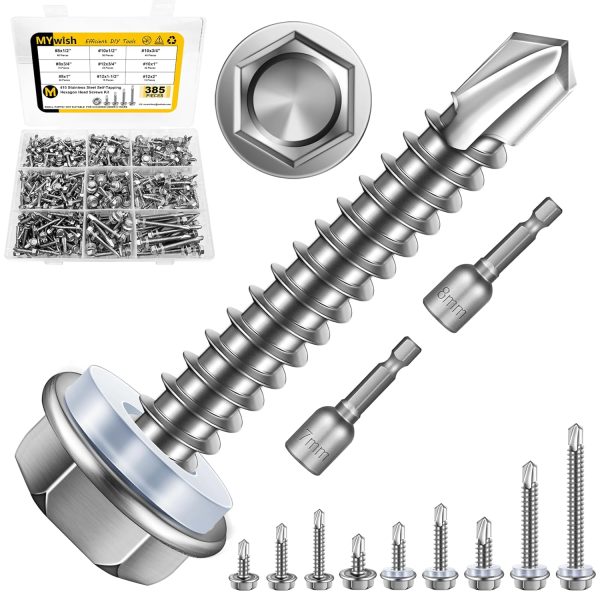 Mywish 410 Stainless Steel Self Tapping Screws 385pcs #8 #10 Hex Truss-0