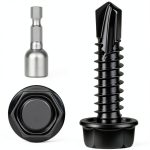 14 x 1 Hex Washer Head Self Tap Screws TEK Black 50pcs-0