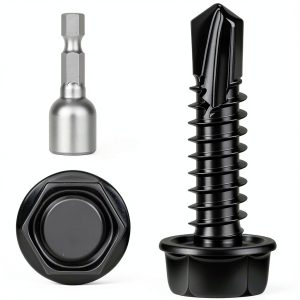 14 x 1 Hex Washer Head Self Tap Screws TEK Black 50pcs-0